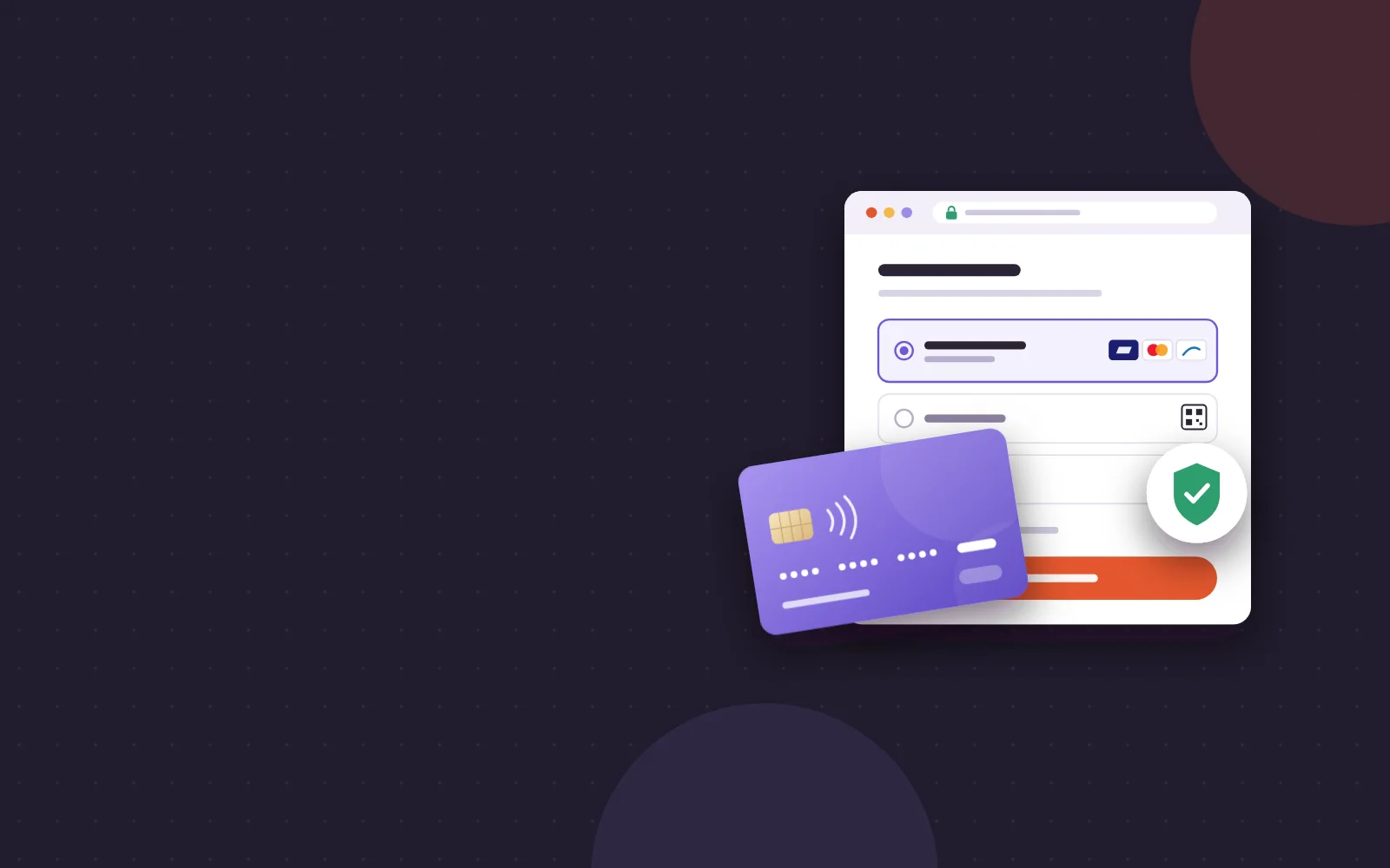 A payment card in front of a checkout page with payment options and a security badge
