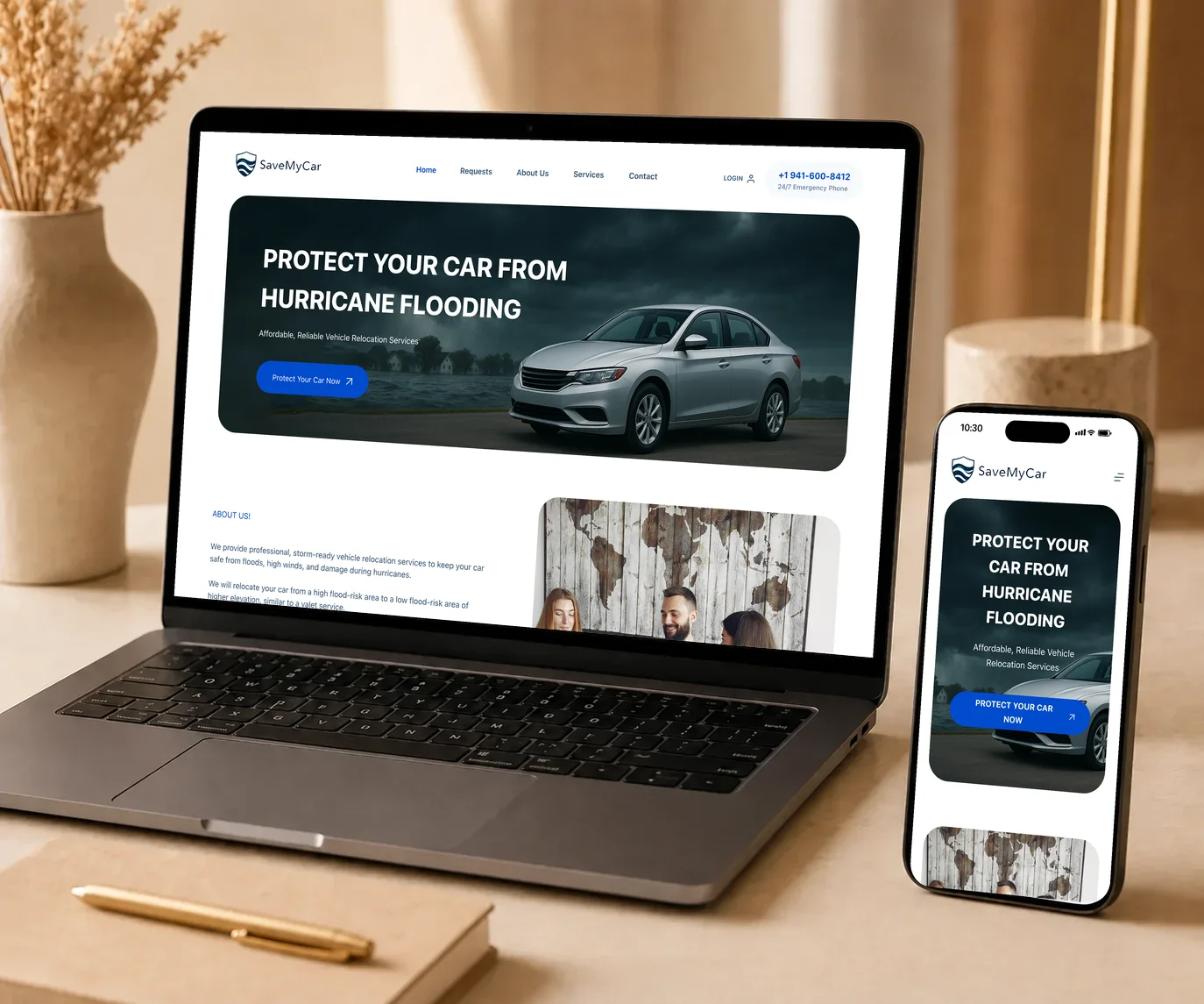 The savemycarsrq.com website shown on a laptop and a phone - home page
