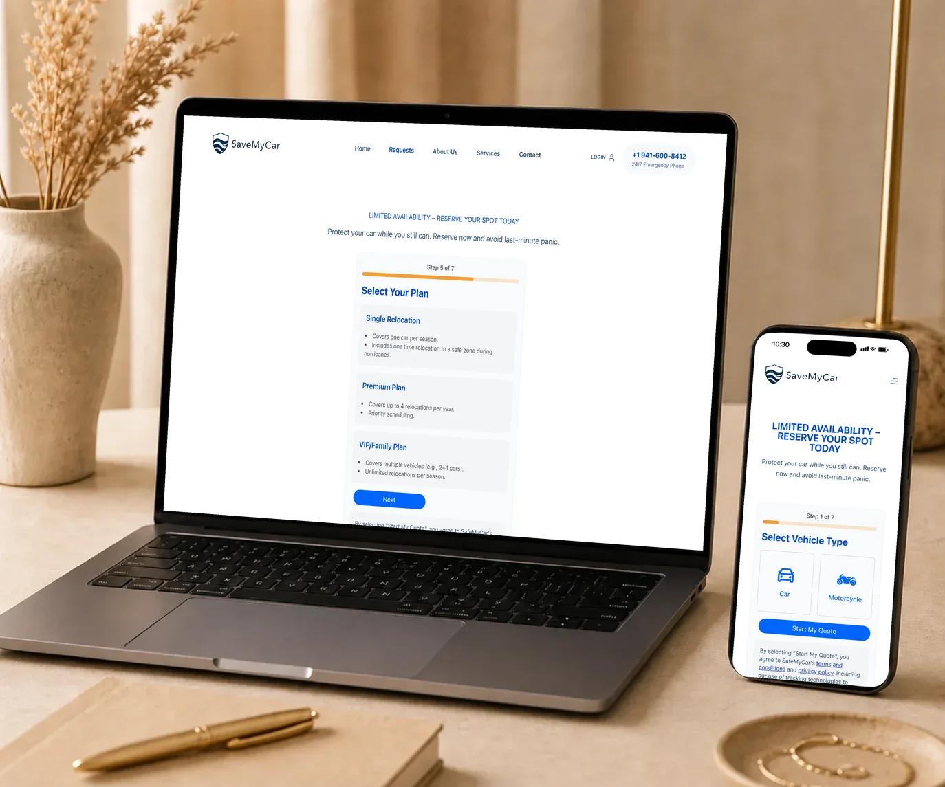 The booking system on savemycarsrq.com: plan selection on a laptop and vehicle type selection on a phone
